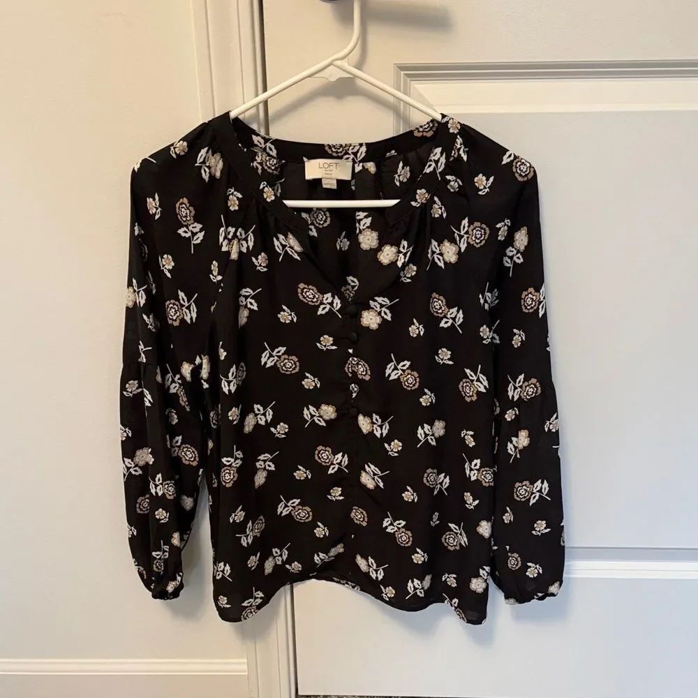 LOFT Black Floral Split-Neck Blouse